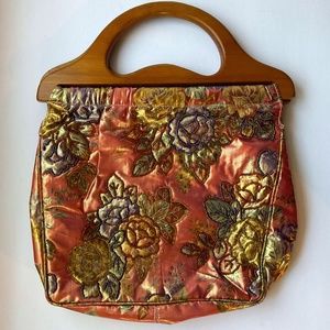 Metallic Beaded roses bag wood handles